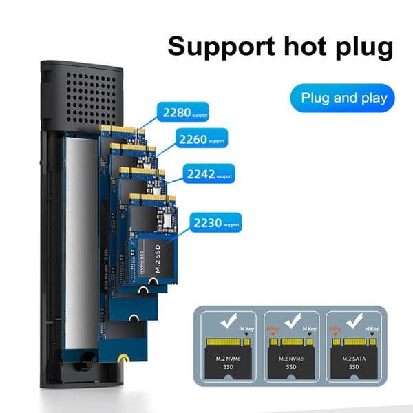 M.2 NVMe SATA SSD Enclosure Aluminum USB C 3.1 Gen 2 10Gbps to NVMe PCI-E 3.0 External Enclosure M2 NVMe SSD 2230/2242/2260/2280