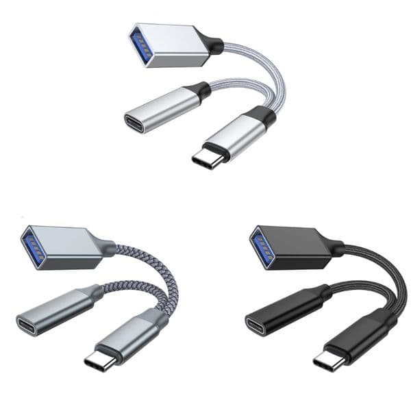 OTG Adapter 2 in 1 Splitter with PD10W Fast Charging Type C Otg and USB A Female Port Nylon Braid Cable