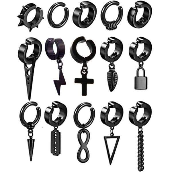 1-15 piece clip on mens earring set stainless steel black false perforated earrings 241108
