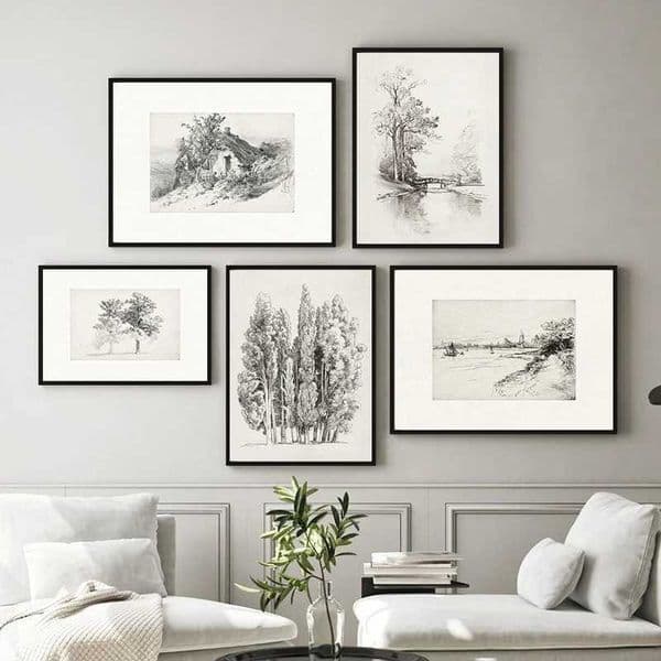 Neutral Gallery Wall Art Canvas Painting Farmhouse Plants Retro Sketch Printing Rural Landscape Poster Wall Images Home Decoration W241109