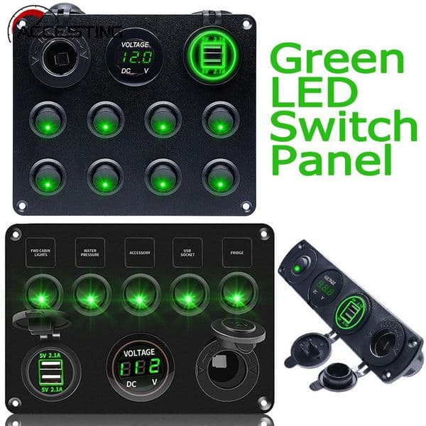 4/5/8 Gang Green LED Switch Panel Toggle Switch Control For Car Boat Camper Marine RV 12V Power Outlet USB Charger