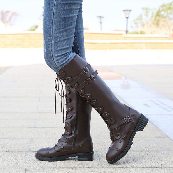 Knee Women high Autumn Winter Lace Up Flat Shoes Sexy Steampunk PU Retro Buckle women shoes Ladies Snow Boots 775 38c0