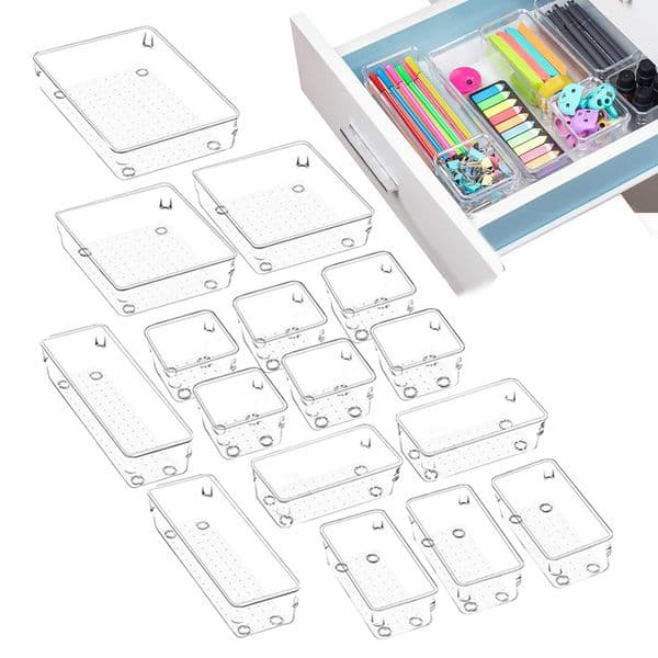 16pcs Desk Drawer Organizer Clear Drawer Dividers Storage Box Bins Case Trays For Utensil Makeup Groceries Bathroom Bedroom