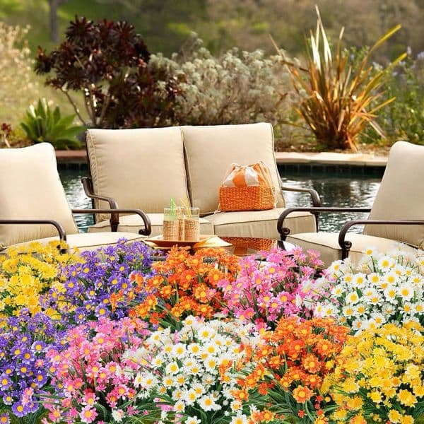 1 Bundles Outdoor Artificial Daisies Fake Flowers UV Resistant Shrubs, Hanging Plants Garden Porch Home Wedding Farmhouse Decor