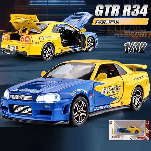 1 32 Nissan GTR R34 Alloy Car Model Diecasts Toy With Sound and Light Vehicles Decoration Toys For Kids GiftXJ241109