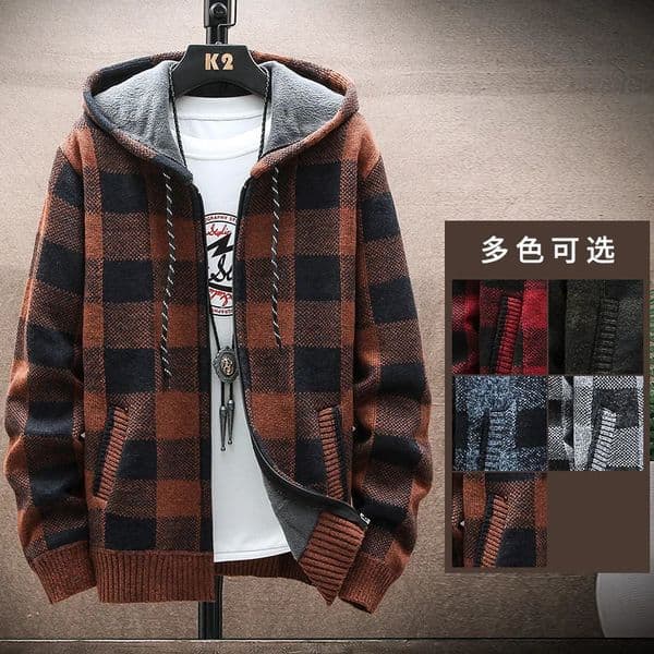 Mens Winter Plaid Sweater Hooded Cardigan Cold Coat Wool Zipper Jacket Autumn Fleece Warm Clothes Checkered Knit Jumper 241111