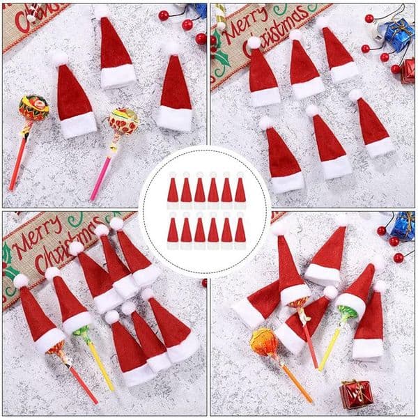 20Pcs Tiny Santa Hat Mini Christmas Lollipop Hat For Crafts Lollipop Candy Holder Christmas Wine Cover Party Supplies