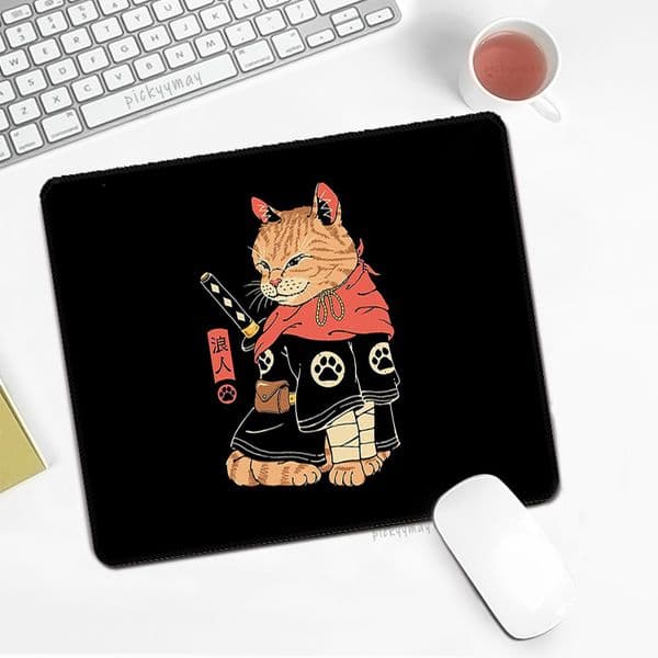 Japan Samurai Cat Small Mousepad Art Black Deskpad Computer Desk Mat Rubber Non-slip PC Masuepad Kawaii Mouse Mat 20x25cm