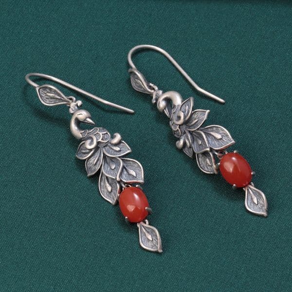 925 Sterling Silver Vintate Peacock Shape Drop Earrings for Women Ethnic Style Red Agate Hanging Earrings Jewelry Wholesale E209