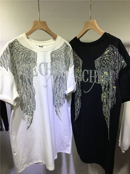 L-4XL Oversize Rhinestone Angel Wings Harley T shirt Clothing for Women Men Hip Hop Streetwear Loose Short Sleeve Brand T-shirt