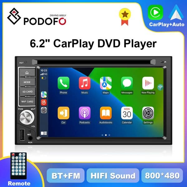 Podofo CarPlay DVD Player 6.2inch 2din MP5 Player Universally Stereo Android Auto BT SWC FM Car Radio For VW Honda Nissan Toyota
