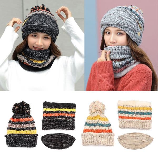 Women Winter Hat Scarf Mask 3 in 1 Fleece Lined Knitted Warm Beanies Hats Scarfs Set with Pompom