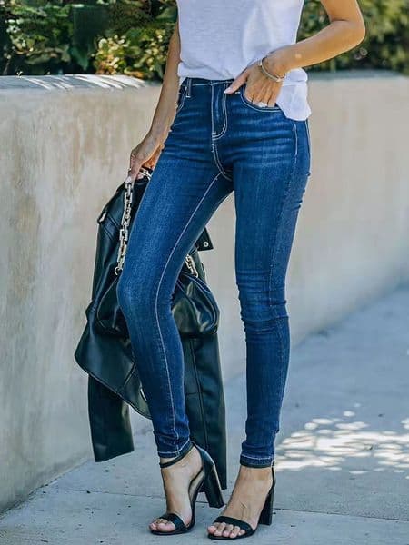 Washed Denim Pants Women Mid-waist Denim Trousers Women Casual Streetwear Skinny Pencil Pants Stretch Blue Jeans Women S-XXL