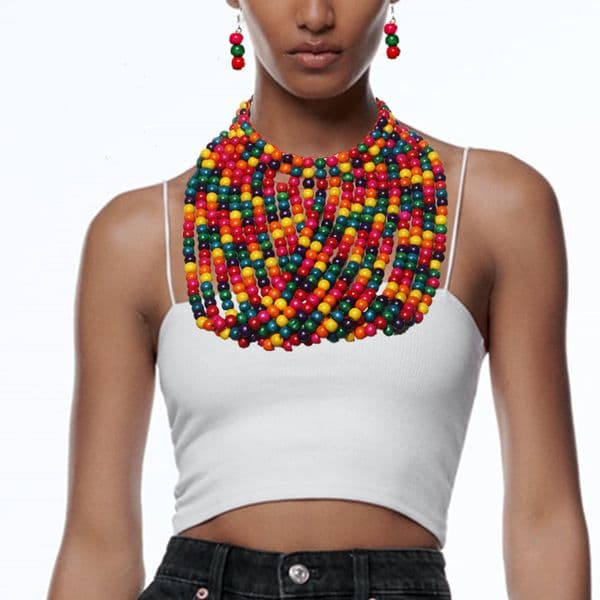 Liffly African Wood Beads Tassel Necklace Set Bohemia Vintage Beaded Choker for Women Earrings Set Wedding Party Jewelry
