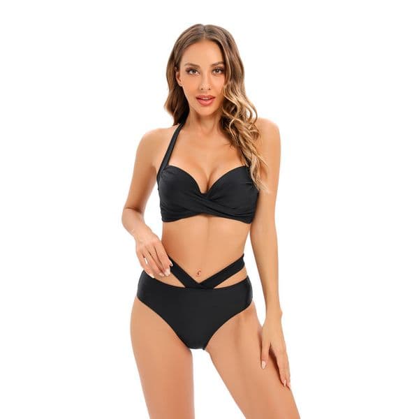 Halter Padded Bikini Set Mid/High Waisted Sexy Women Swimwear Pleated Front Solid Black Size S-XL