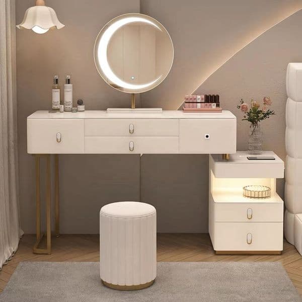 Hot Sale White Color Corner Vanity Women Bedroom Furniture Multifunctional Makeup Table Dressers With Led Cloud Mirror
