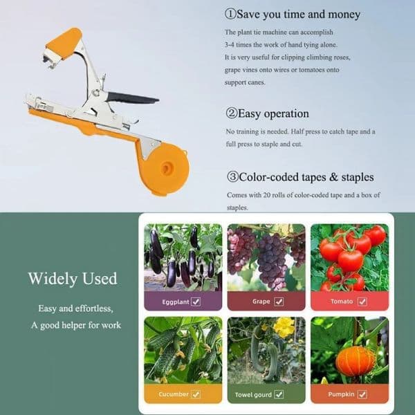 Plant Tying Machine Set for Grapes, Raspberries, Tomatoes and Vining Vegetables, Comes with 10 Rolls of Tape, 1 Box of Staple