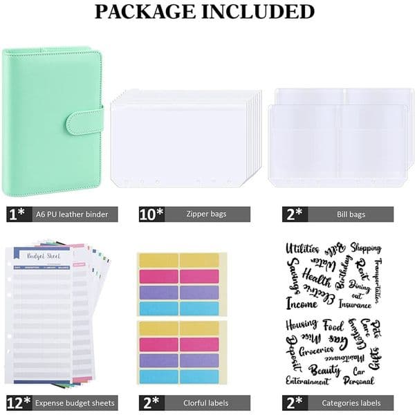Budget Binder, A6 PU Leather Notebook Planner Organizer Refillable 6 Ring Binder Cover Letter Sticker Labels Green
