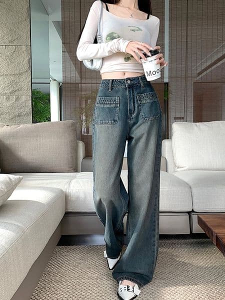 S-XL Autumn women Street Wear Blue long denim pants Vintage High waist Straight Denim jeans Trousers for womens(L9012