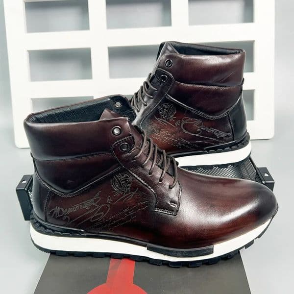 Mens Winter Ankle Boots Genuine Leather Lace-Up High Top Flat Sneakers Luxury Brand Design Street Style Casual Shoes for Men New