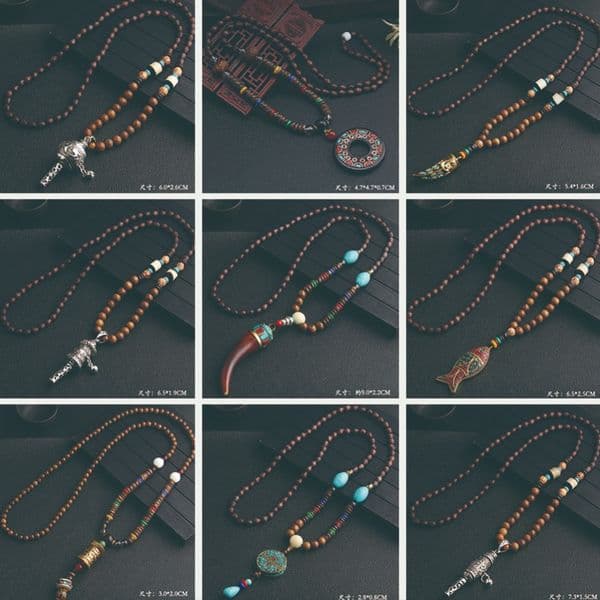 Ethnic Style Women's Vintage Wooden Bead Pendant Necklace Tibetan Sweater Necklace Women Girls Men Clothing Accessories