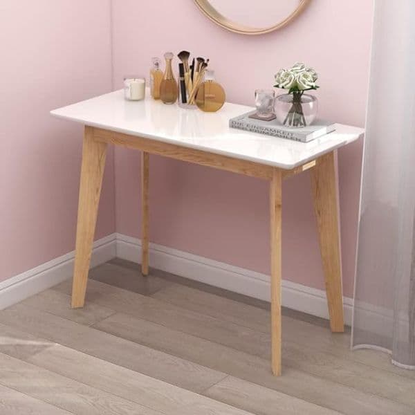 TaoHFE White Whiting Desk with Glossy Desktop Bedroom,Home Office Classic Study Desk Solid Rubber Wood Legs for Adults/Student