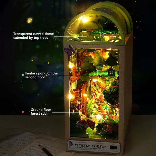 DIY Book Nook new Kit 3D 2025 Wooden Puzzle Firefly Forest Bookend Decor with Furniture and LED Light Mini Dollhouse Model Building Kits