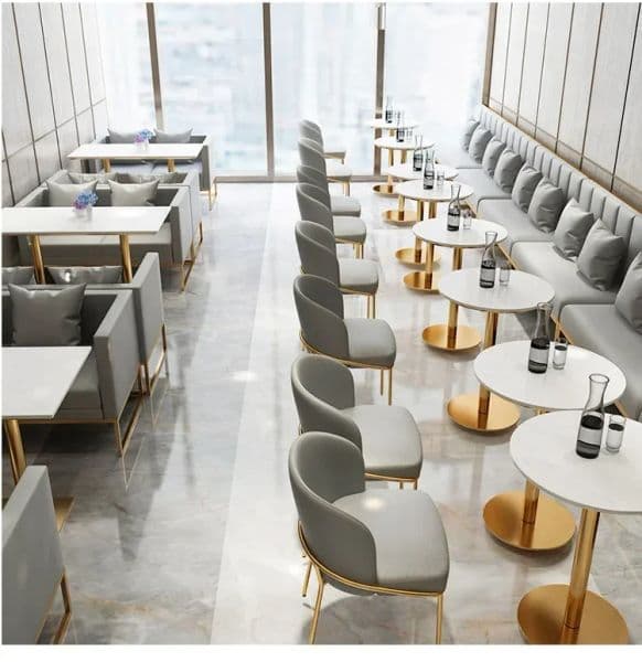 New 2024 Modern Cafe Restaurant Coffee Shop Dining Furniture Sofa Booth Golden Metal Frame Table and Chairs Sets