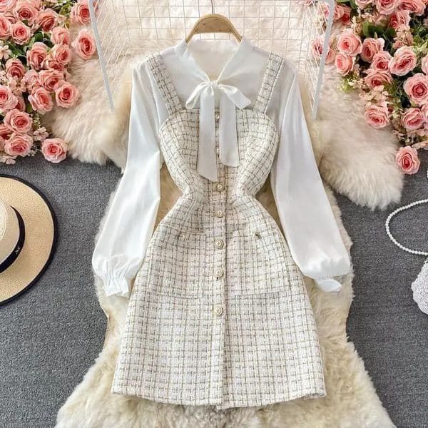 Elegant chiffon shirt coarse tweed dress set for women long sleeved lace top bow shirtvintage camisole plain dress set for oily women Y2k 241112