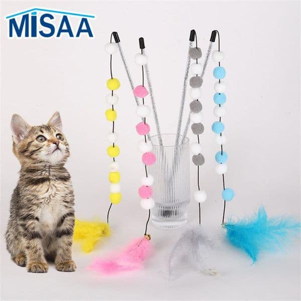 1PCS Cat Toy Pompom Cat Toys Interactive Feather Toys For Cats Teasing Durable Cats Toy Playing Stick Plush Ball Pet Supplies