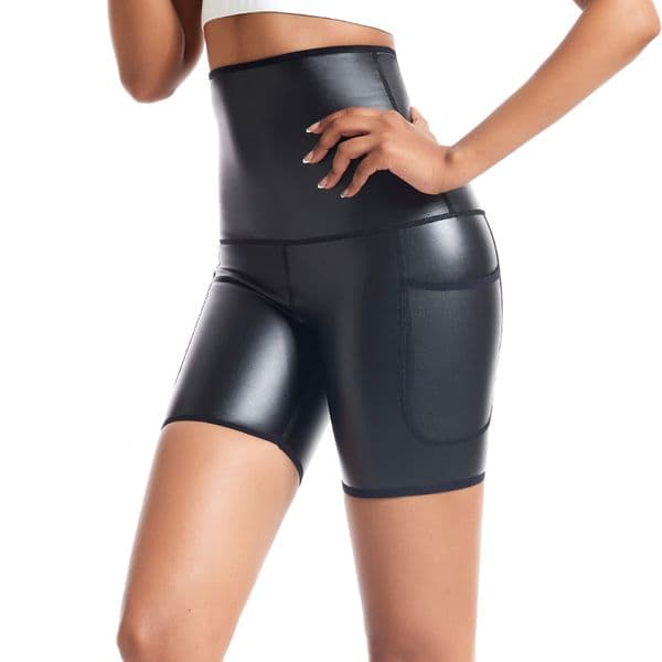 Womens Waist Trainer Control Panties Body Shaper Leather Shorts Leather Leggings Stretch High Waisted Pleather Pants with Pocket