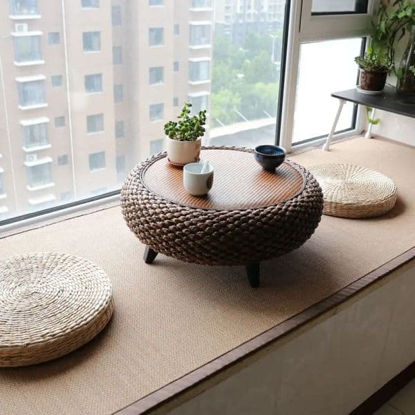 Chinese Style Rattan Woven Tatami Coffee Table Minimalist Floor Low Desk Wooden Window Sill Living Room Furniture
