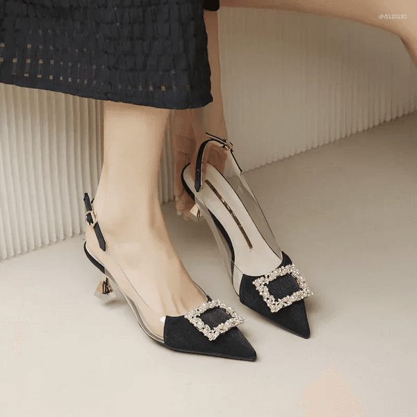 Sandals Women's 2024 Summer Style Fashion Shoes Black Satin Crystal Strass Pointy Toe Transparent High Heels