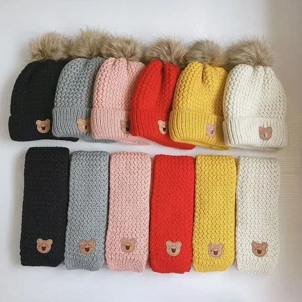 Warm Knitted Young Kids Beanie Scarf Set for Boy Girl Cute Cartoon Bear Crochet Bonnet for Toddler Autumn Winter Knitted Hat 241112