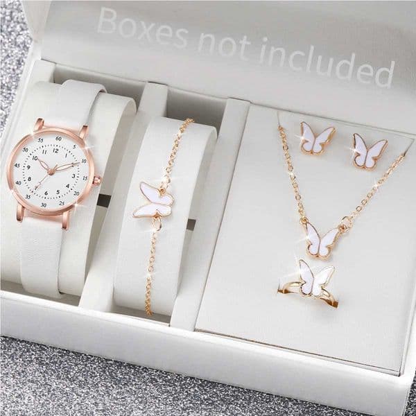 6PCS/Set Womens Quartz Watch Fashion Arabic Dial Leather Band Quartz Watch Jewelry SetWithout BoxXJ241109
