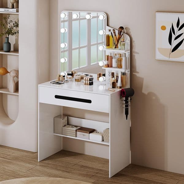 sbdmirau Modern Vanity Desk with Lighted Mirror Desk Makeup Dressing Table with Power Strip 12 LED Lights 3-Sectio