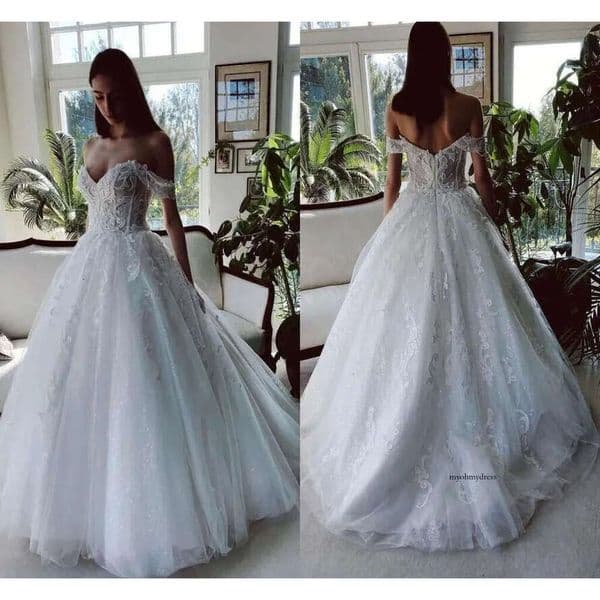 Newest Lace Tulle Wedding Dresses 2024 A E Off Shoulder Appliques Backless Long Arabic Bridal Gowns Plus Size Robes De Mariage Bc9463 0802