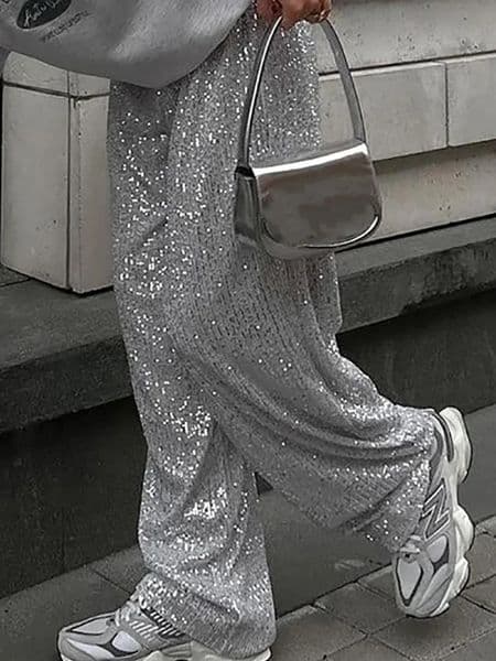 loose elastic waist sequin pants for casual women patch work silver pants fully matched womens floor pants 241112