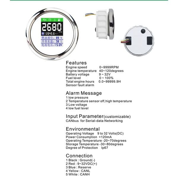 85MM 5-In-1 Multi-Functional Digital Tachometer Fuel Level Water Temp Oil Pressure Gauge Voltmeter Hourmeter Alarm thumbnail 2