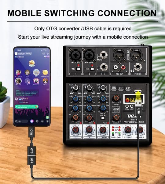 TKL KS-4 Professional 4 Channel Mixer DSP 48V Phantom Power Bluetooth USB Mixing Console Performance