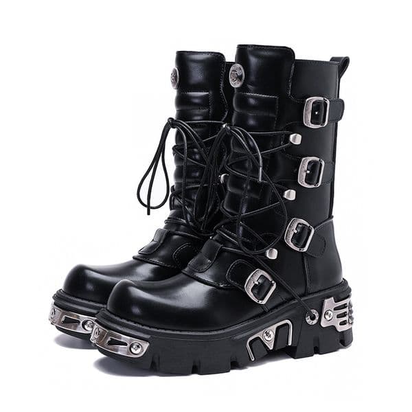 Unisex Knee High Motorcycle Punk Metal Buckle Platform Chunky Sole Riding Boots