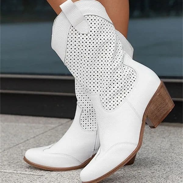 White Western Cowboy Boot Low Heels Womens Mid-Calf Cowgirl Boots Casual Shoes 241112