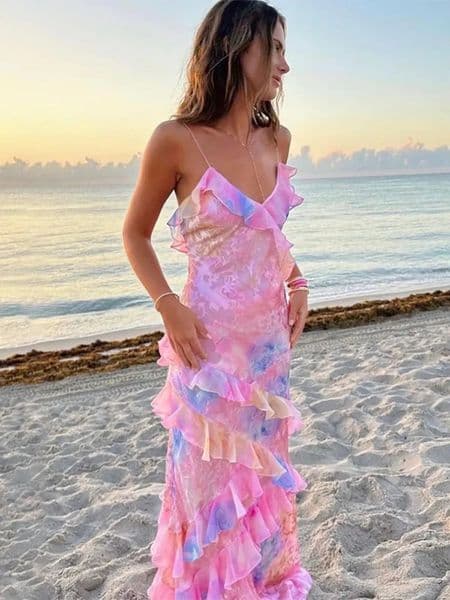 Sexy V Neck Colorful Ruffles Sling Dress for Women Backless Sleeveless Floor Length Slim Robes 2024 Lady Beach Holiday Vestidos 240412