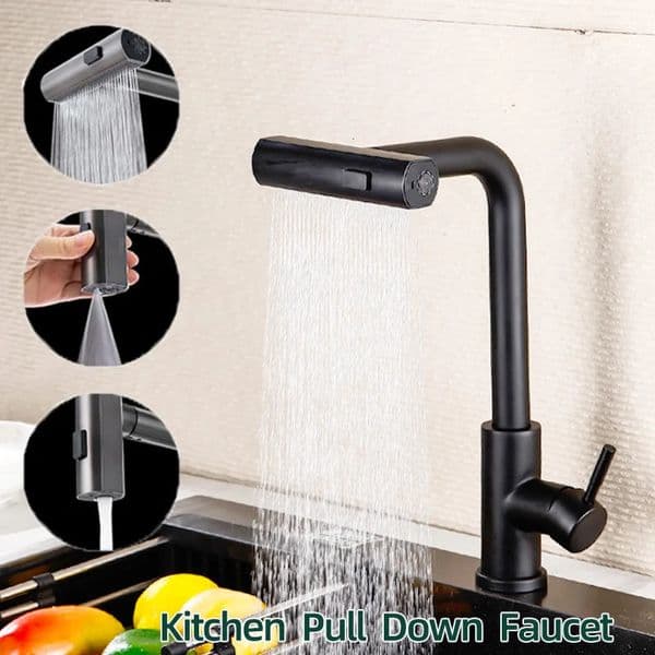 Baokemo stainless steel kitchen single handle three in one and cold rotary faucet waterfall pull-down faucet 241112
