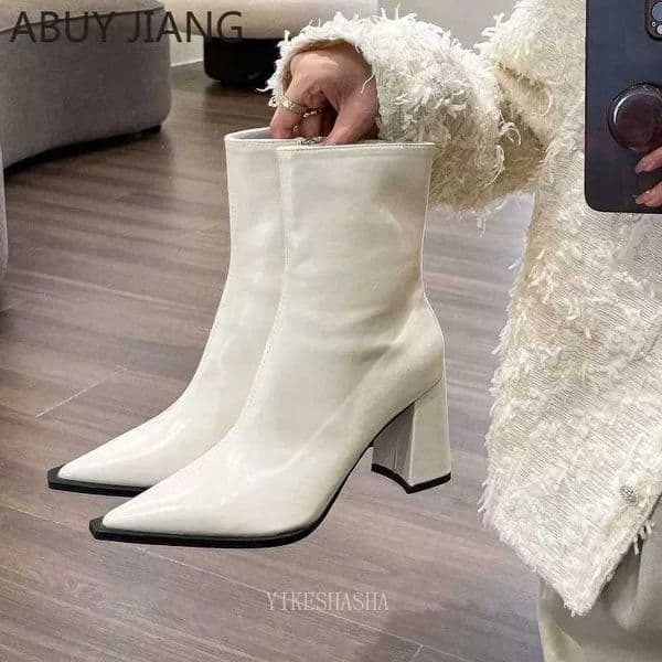 High Quality New Zipper Short Bun Shoes Retro Brown Dot Toe High Heels Bun Boots H Bun Ankle Boots T241113