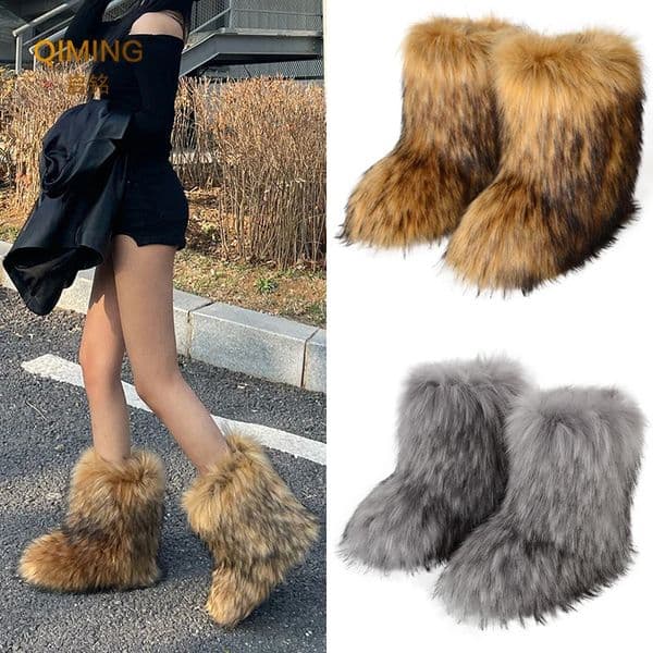 Womens artificial fur leather boots in winter fluffy and warm mid calf snow boots ious and fashionable fur leather boots comfortable outdoor flat shoes 241113
