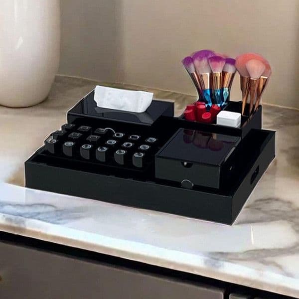 Luxury Black Storage Box Classic Printed Acrylic Box Womens Beauty Products Cosmetic Brush Lipstick Storage Box Desktop Remote Control Storage Tray