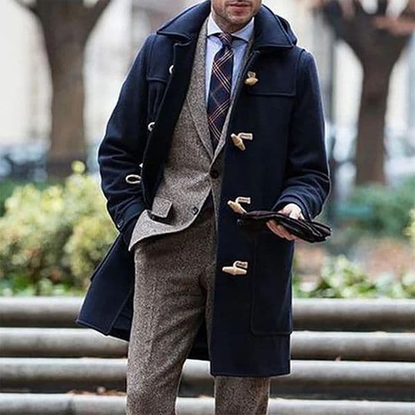 Men s Winter Duffle Coat Loose Fit Classic Wool Blend Long Sleeve Hood Toggle Outwear 241107