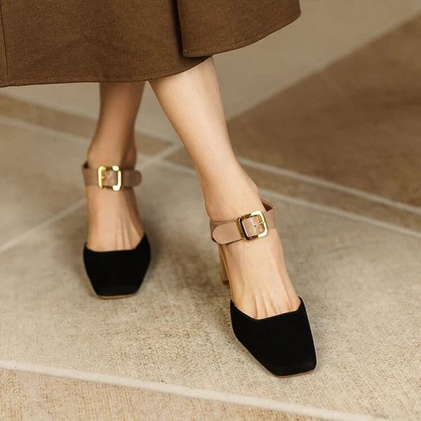 Sheep Suede Leather Summer/Spring Sandals Square Toe High Heels Cover Heel Shoes For Women Retro Mary Janes