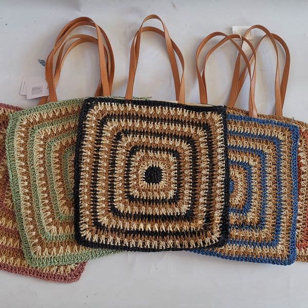 Women's Square Woven Bags Leather Shoulder Strap Shoulder Bag Crochet Grid Tote